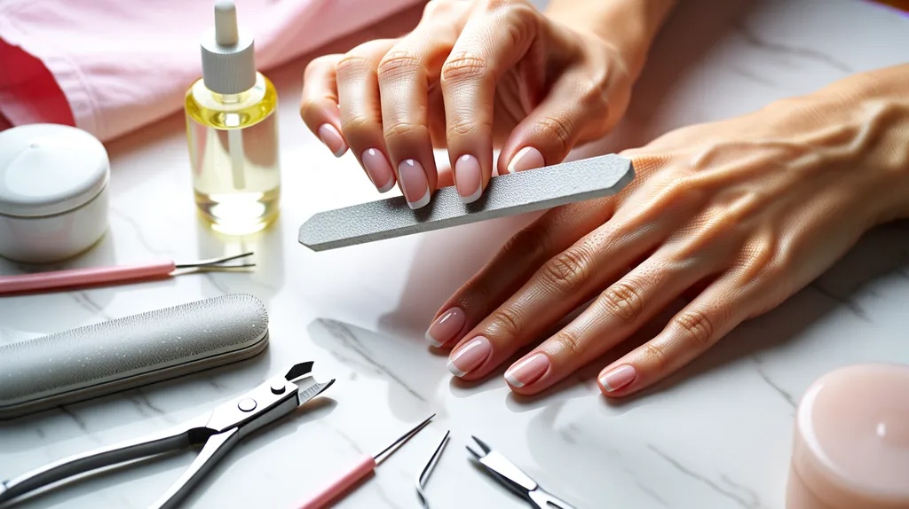 Person filing natural nails with a crystal nail file using the correct technique at home.