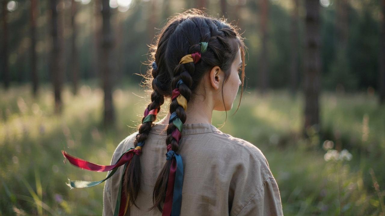 Ribbon-wrapped braids inspired by Indigenous traditions.