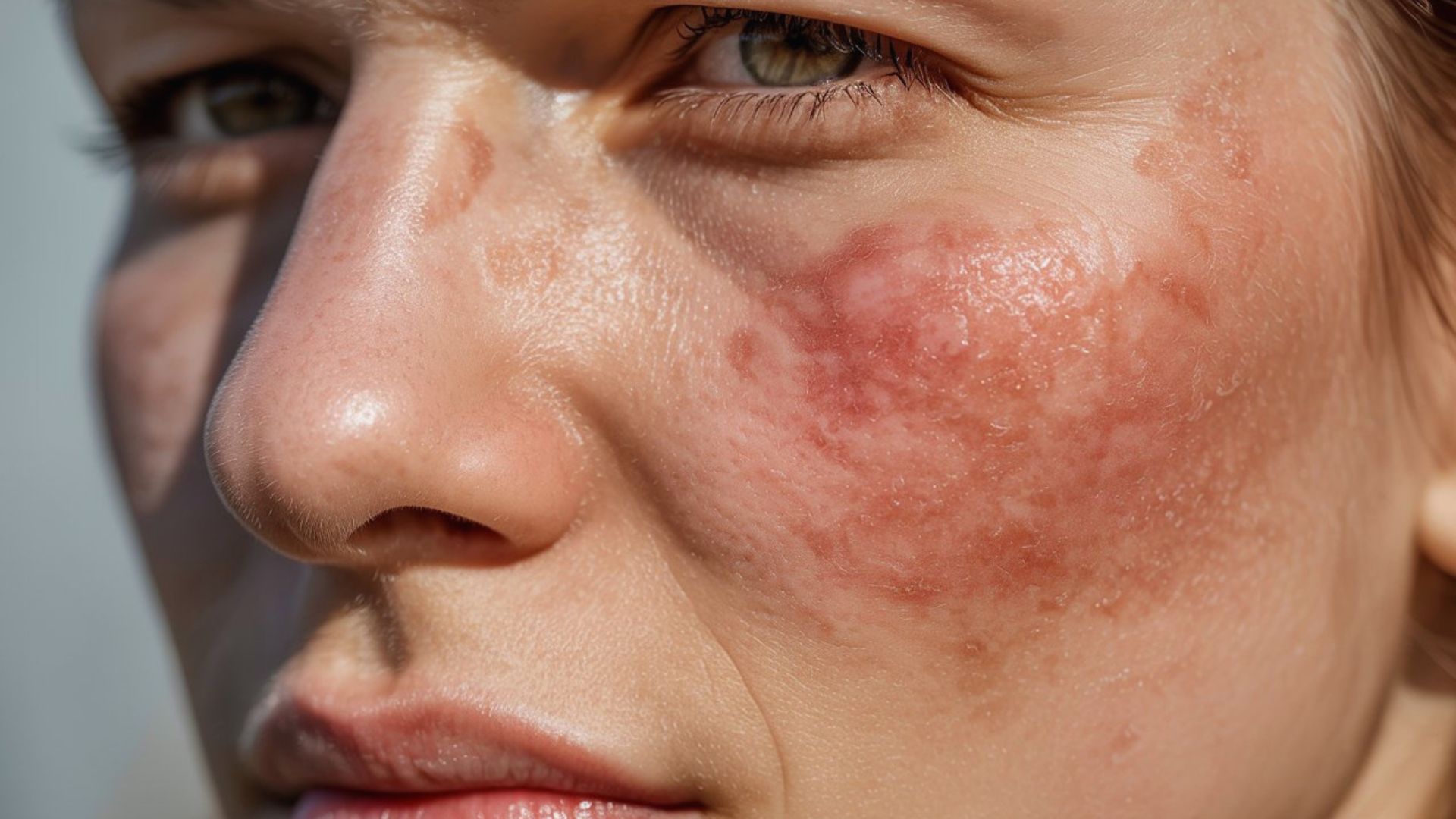 A woman with red spots on her face, representing a common skin concern of facial redness that may diminish on its own.