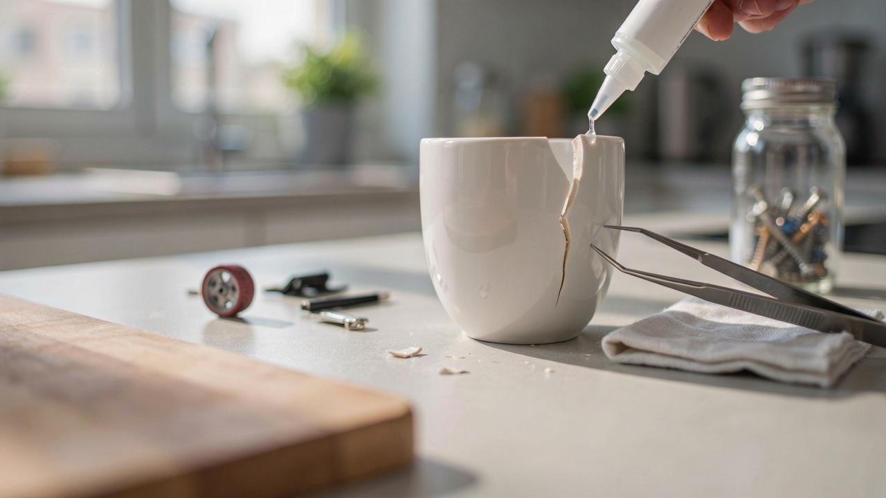 A tube of super glue being used to repair a broken object on a DIY workspace.