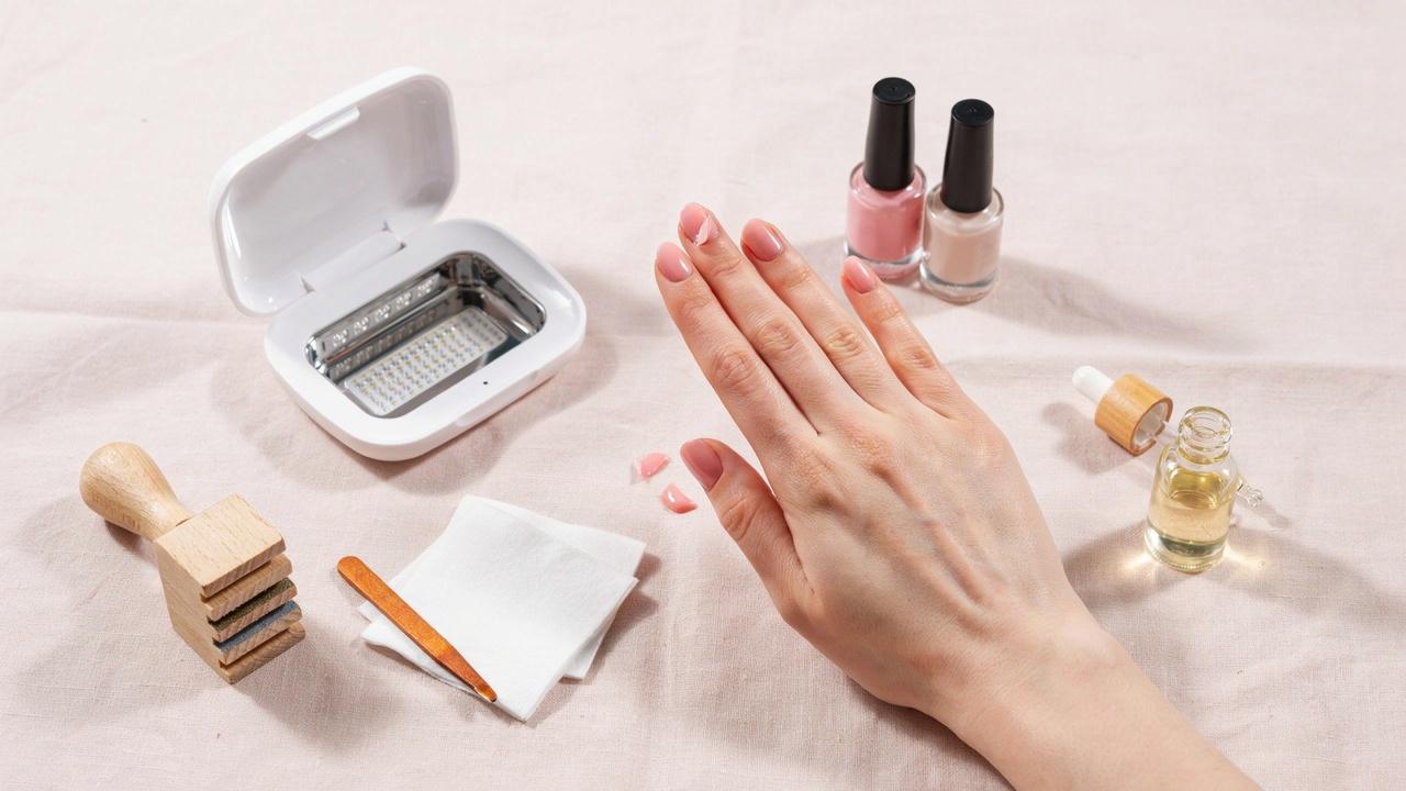 Freshly painted gel nails with polish lifting from the edges, surrounded by manicure tools and gel nail products.