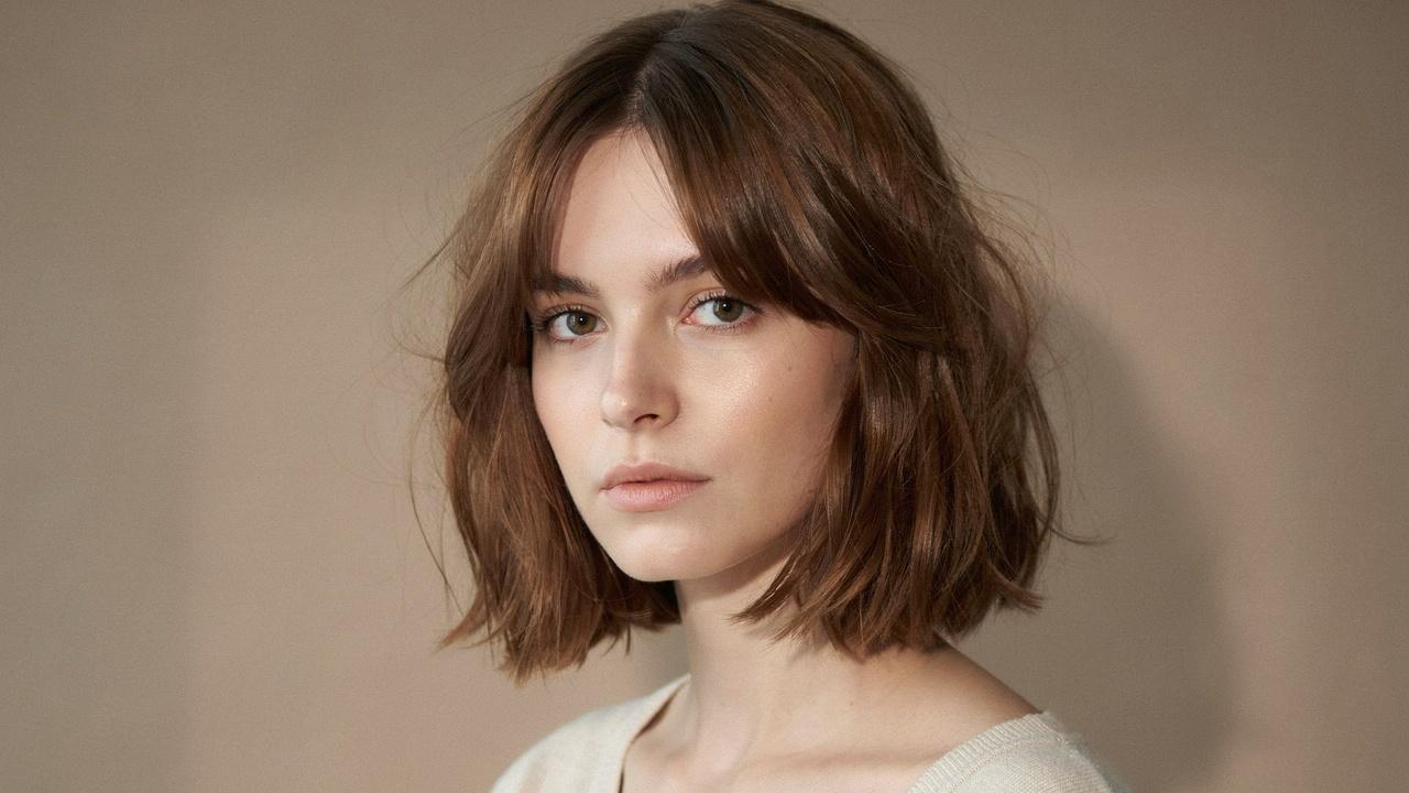 Textured bob with curtain bangs and layered finish.