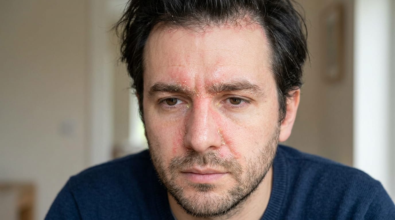 A man with a beard looks directly at the camera, displaying acne and post-inflammatory redness on his face.