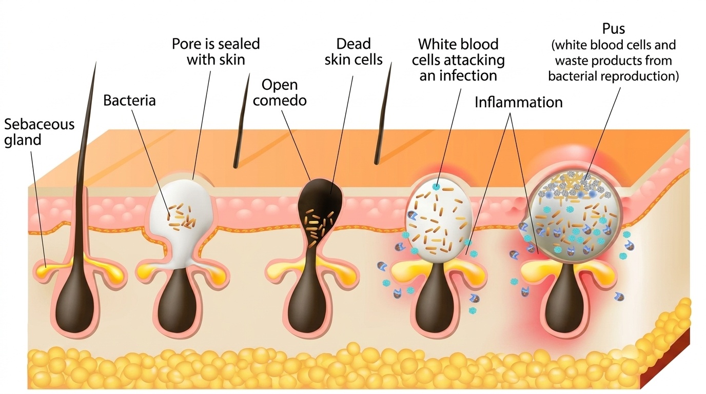 Close-up detailed illustration of what a cystic acne looks like under our skin.