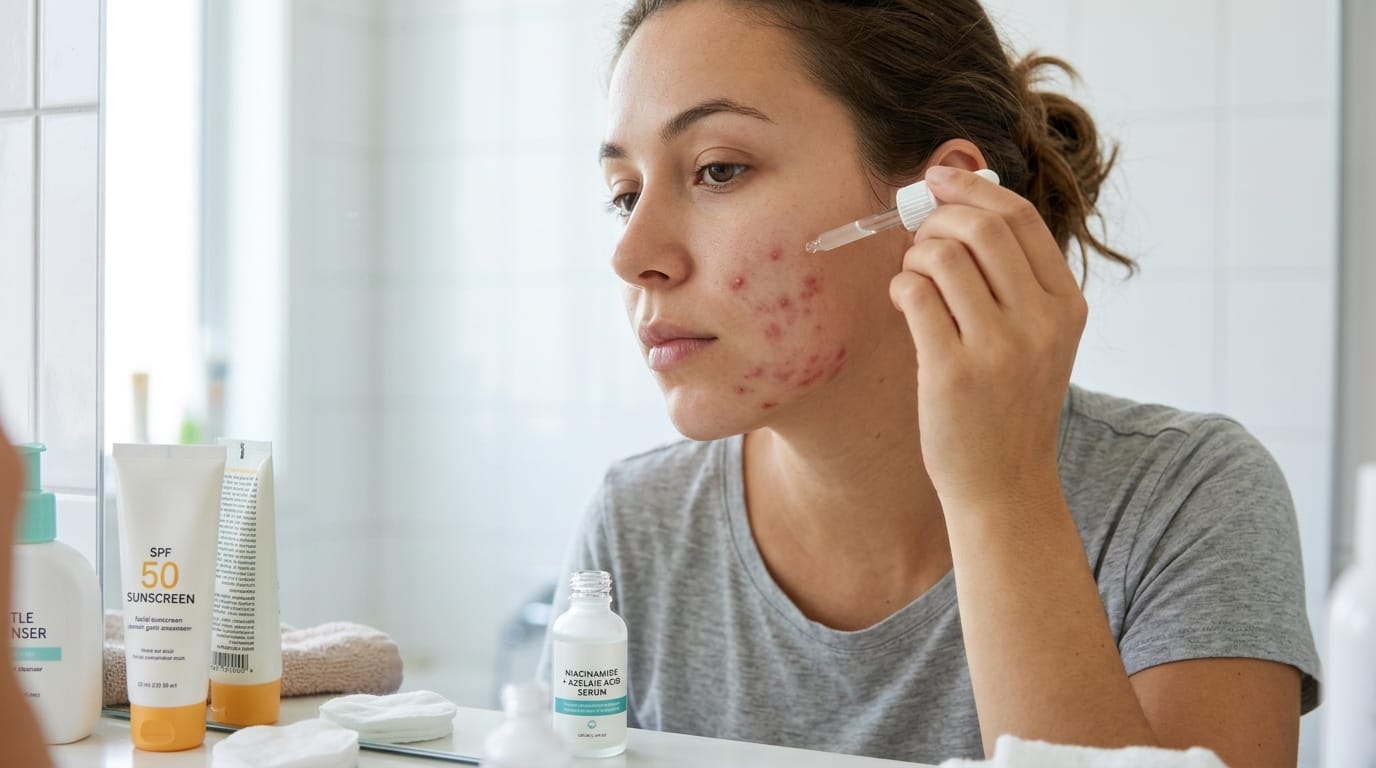 A woman examines her face in the mirror, showing signs of seborrheic dermatitis on her skin.
