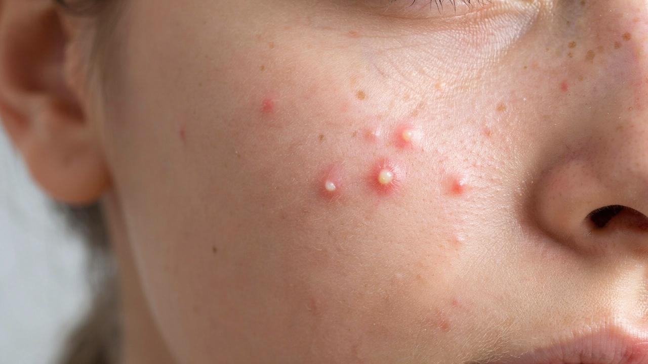 Pustules with white centers on facial skin.
