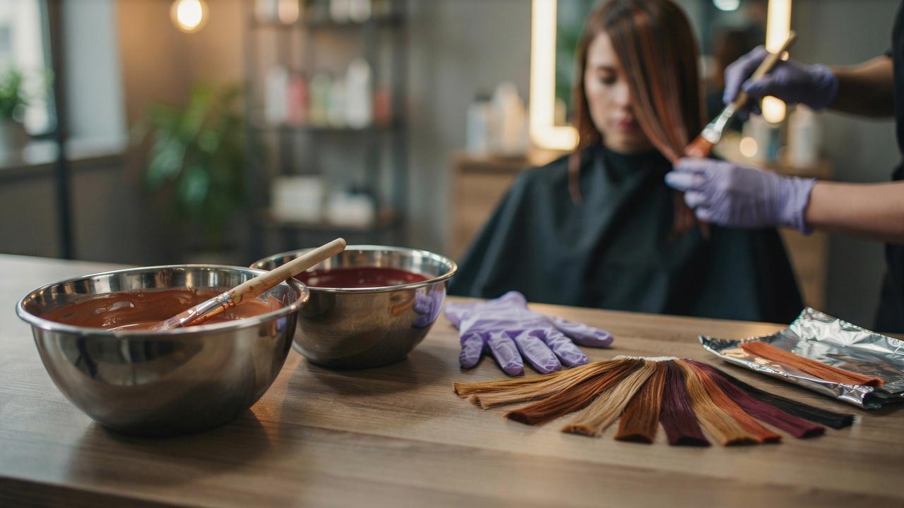 A salon scene featuring hair dye tools and a professional coloring process for achieving copper and auburn hair shades.