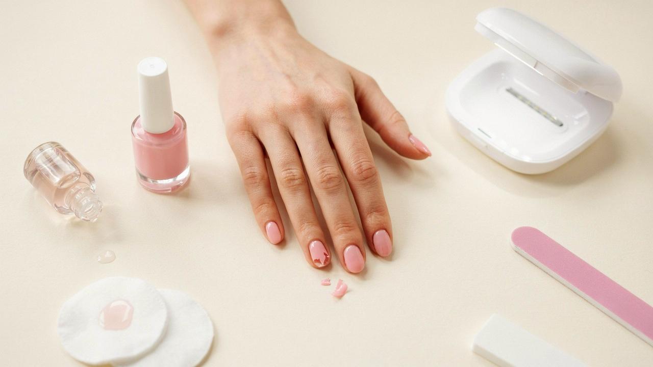 Close-up of freshly painted gel nails with polish peeling and lifting from the edges beside manicure tools.