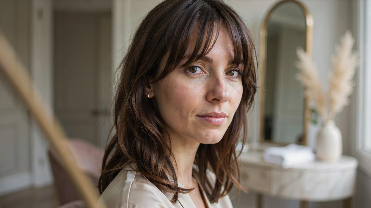Woman wearing bottleneck bangs with tapered face-framing layers.