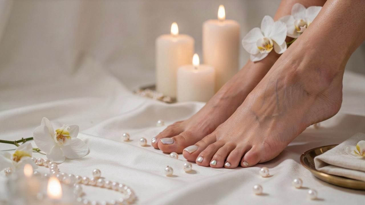 Elegant feet showcasing a shimmering pearl chrome pedicure in a luxurious spa-inspired setting.