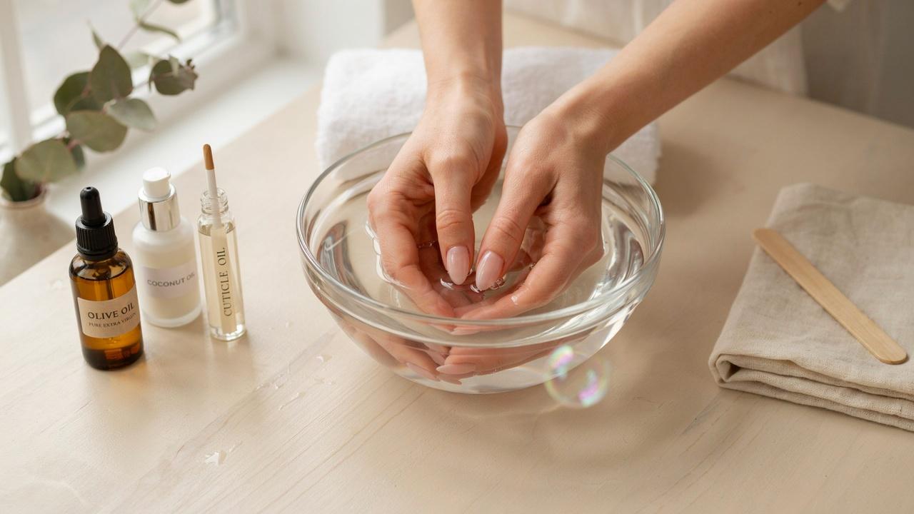 realistic soaking acrylic nails in warm water and oils for gentle removal in refined style