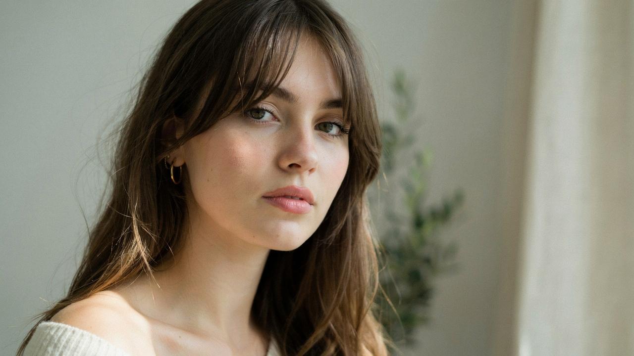 Woman with classic curtain bangs framing her face.