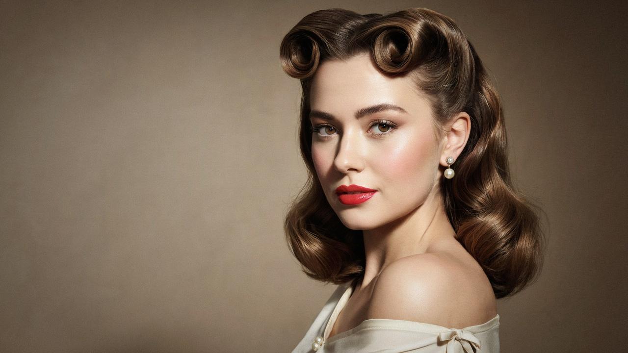 Woman with vintage pin-up bangs in retro hairstyle.