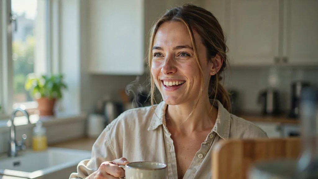 Expression lines under the eyes visible while smiling.