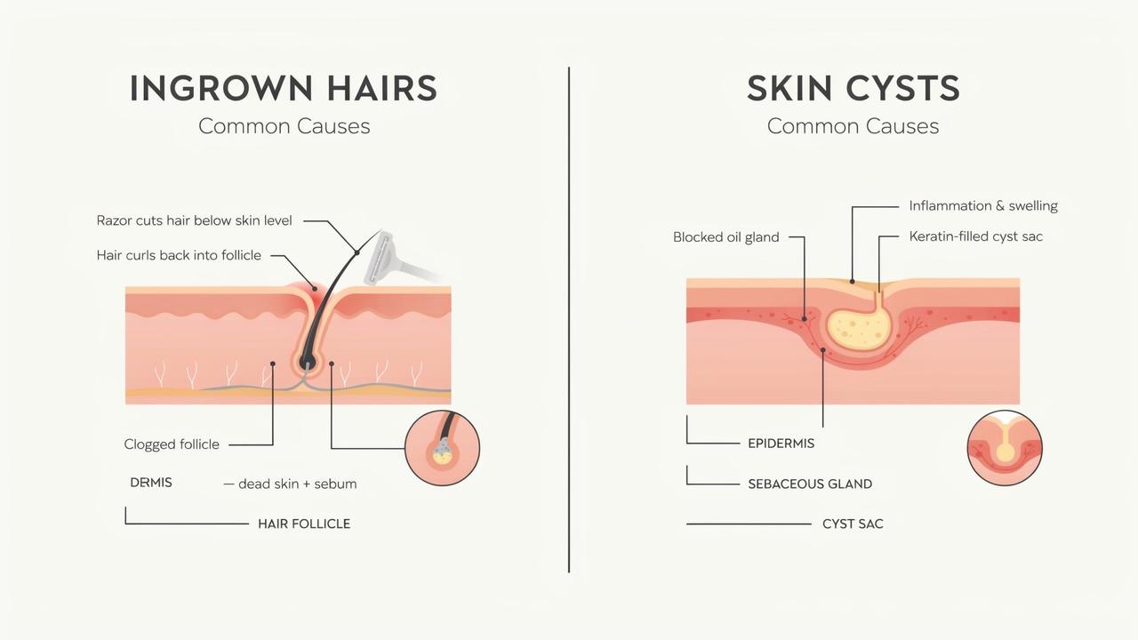 Common causes of ingrown hairs and skin cysts illustrated for comparison.