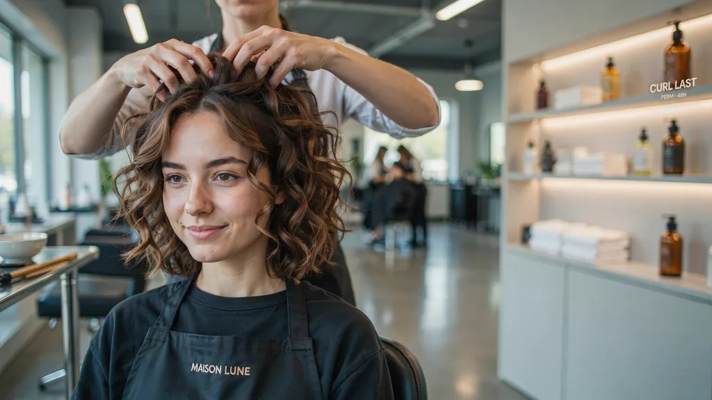 Woman with healthy permed curls showing long-lasting curl definition after a professional perm.