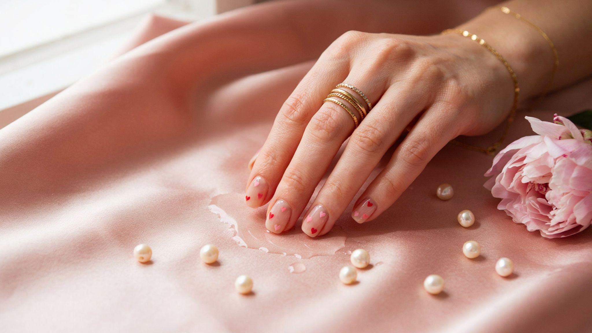 Short square nude nails featuring tiny heart accents creating sweet romantic minimalist manicure inspiration for everyone.