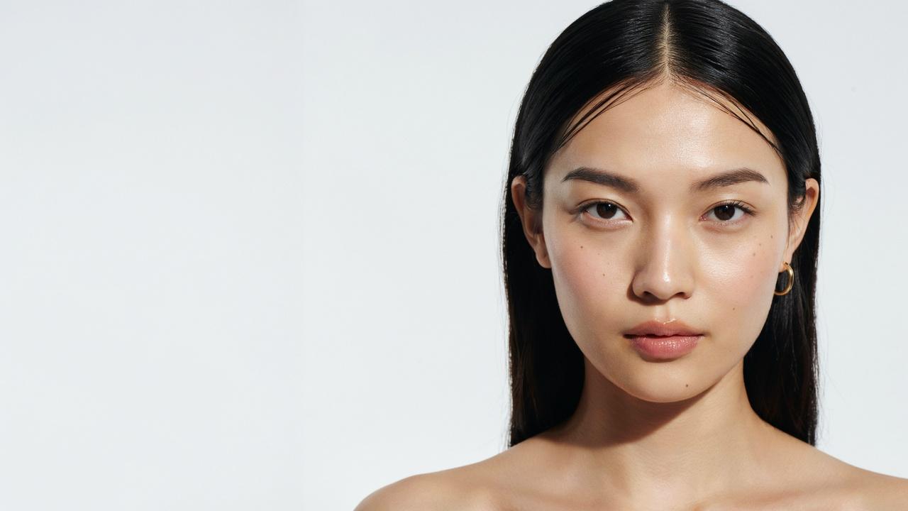 Woman with unique V-shaped bangs on straight hair.