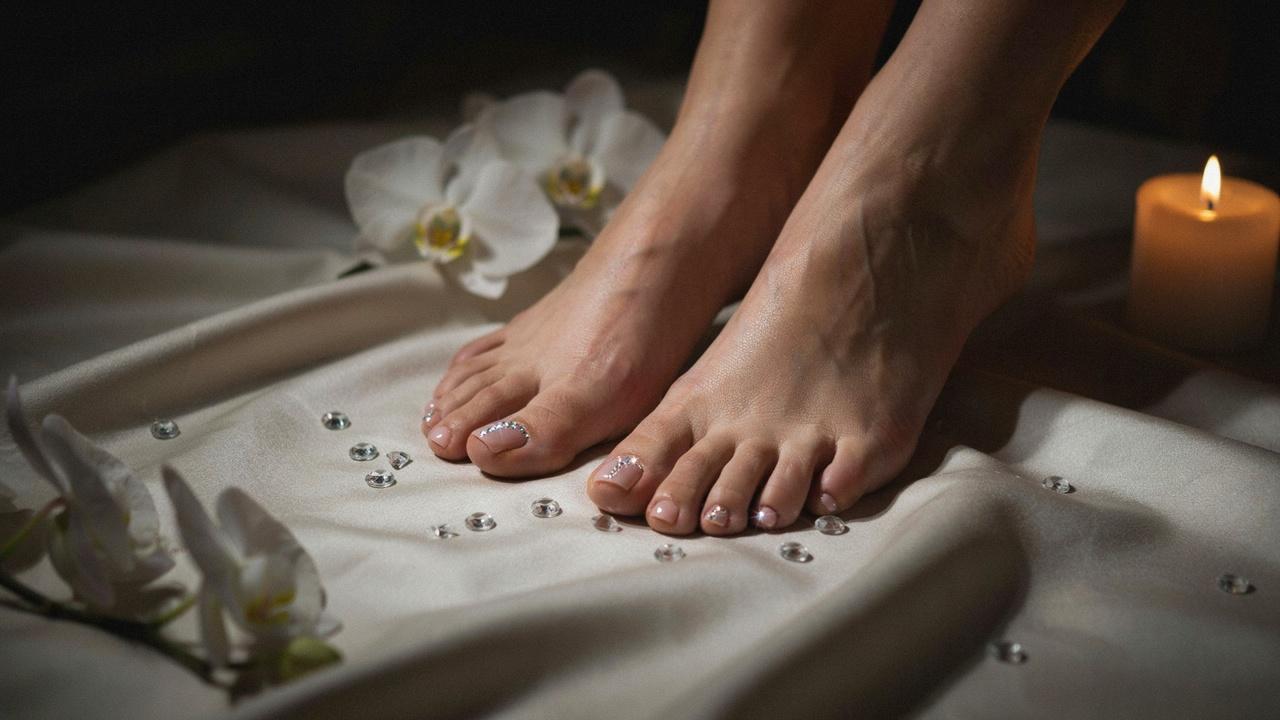 Beautifully groomed feet with a crystal-inspired pedicure featuring delicate sparkling embellishments in an elegant spa setting.