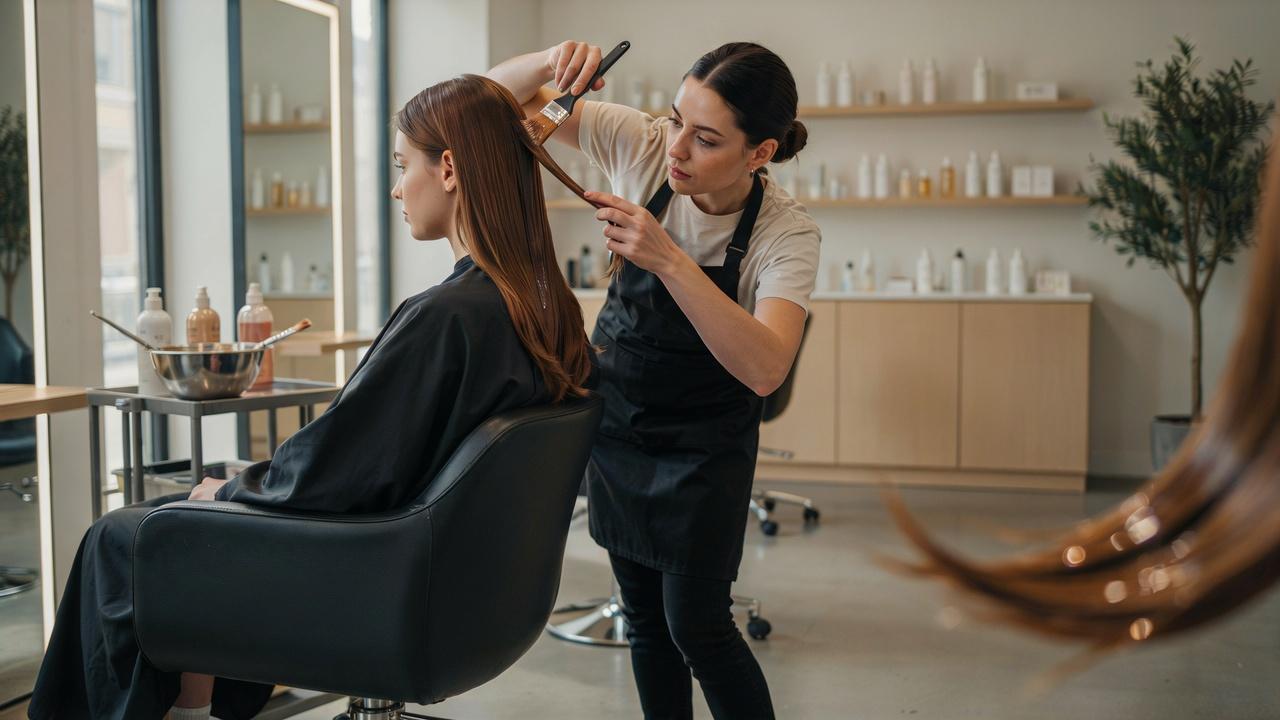 A hairstylist applies a hair gloss treatment to a woman, highlighting smooth, shiny, and healthy-looking hair.