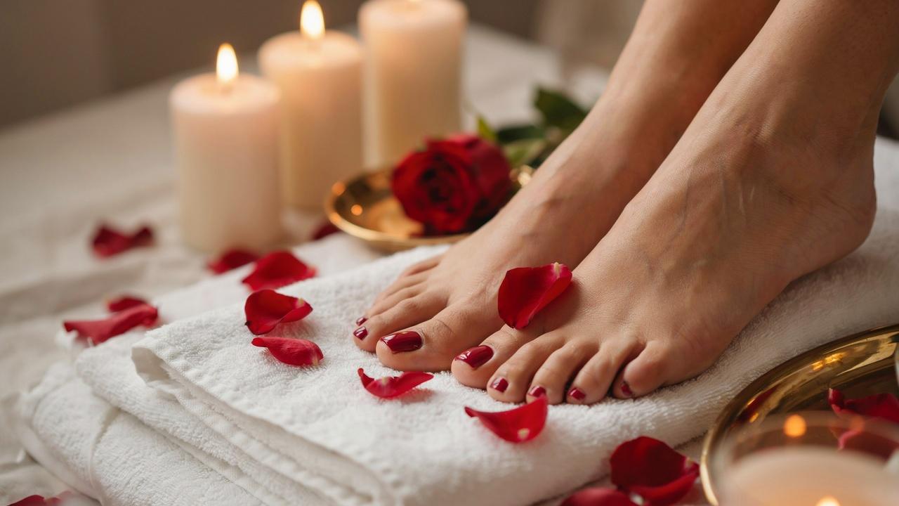Beautifully groomed feet with a glossy deep red classic pedicure in a luxurious spa-inspired setting.