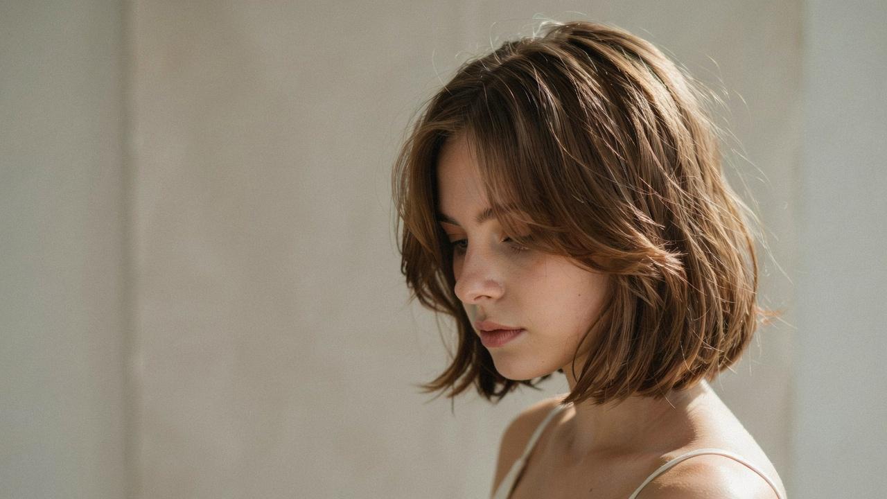 Soft layered shaggy bob with rounded ends.