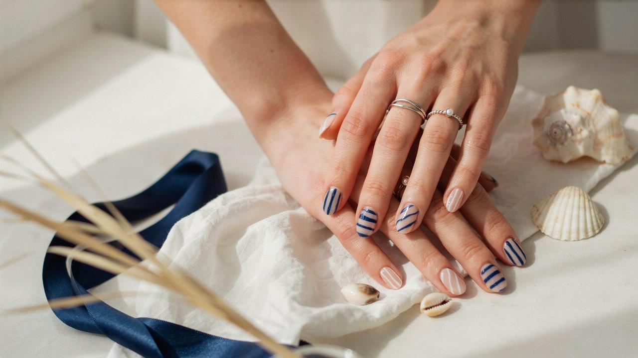 Glossy navy blue and white striped nails with a stylish nautical-influenced manicure design.