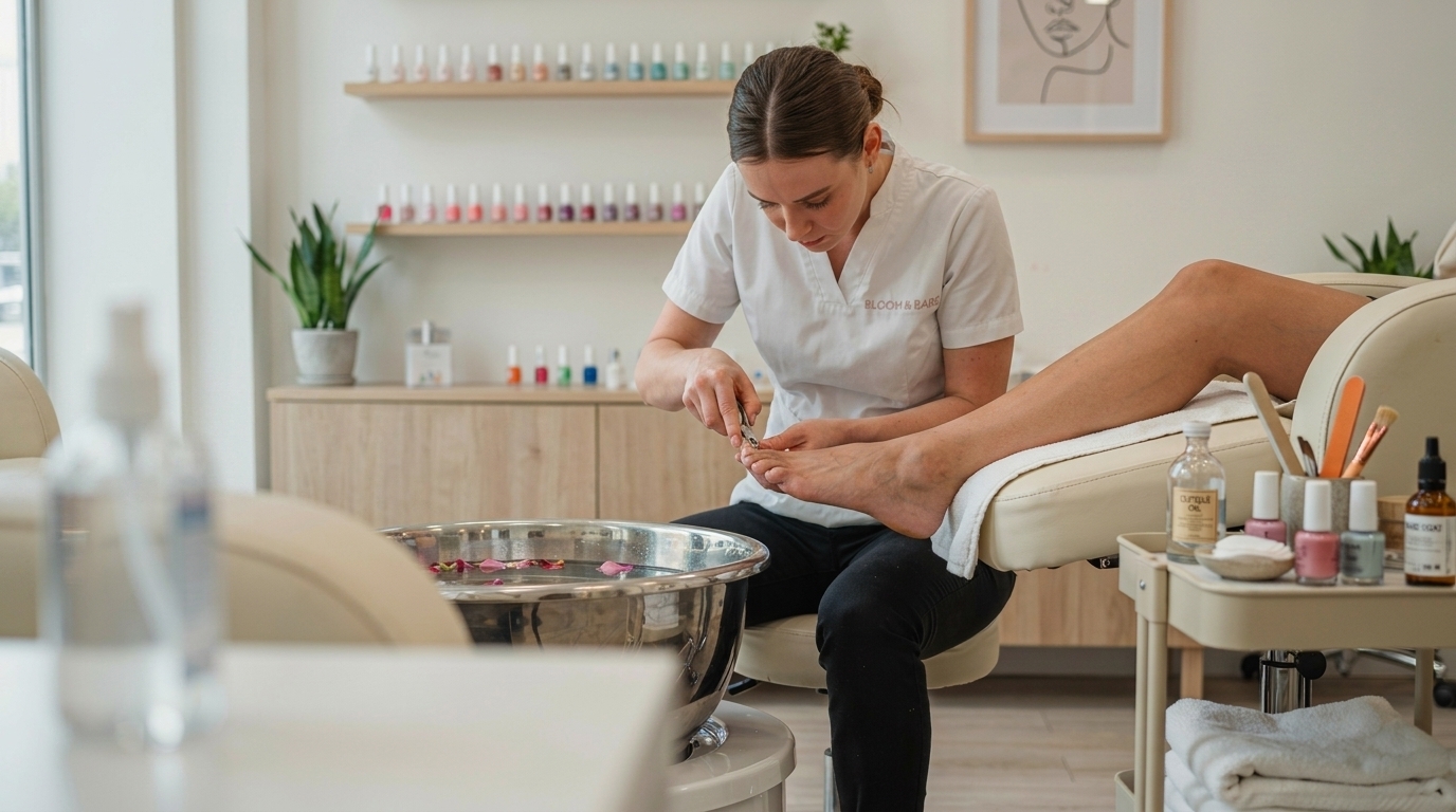 Professional nail technician performing a complete pedicure in a modern nail salon.