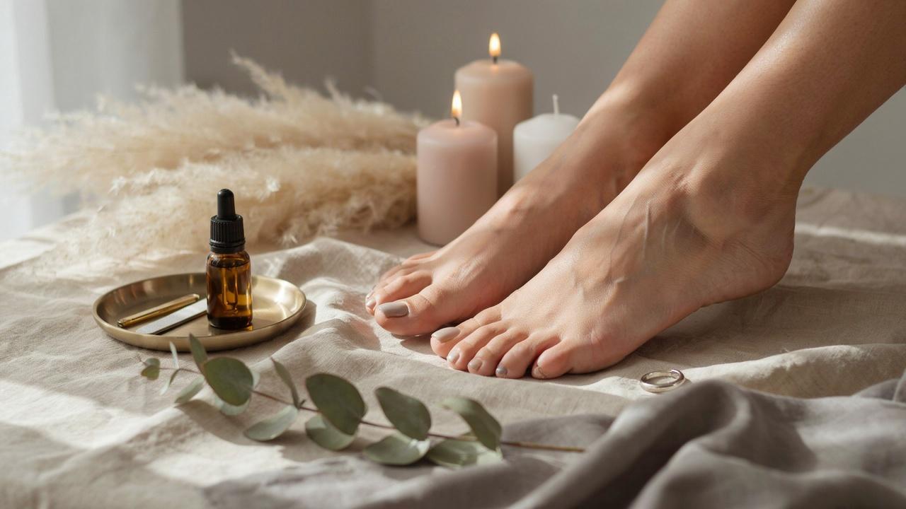 Elegant feet showcasing a glossy greige pedicure in a sophisticated spa-inspired setting.