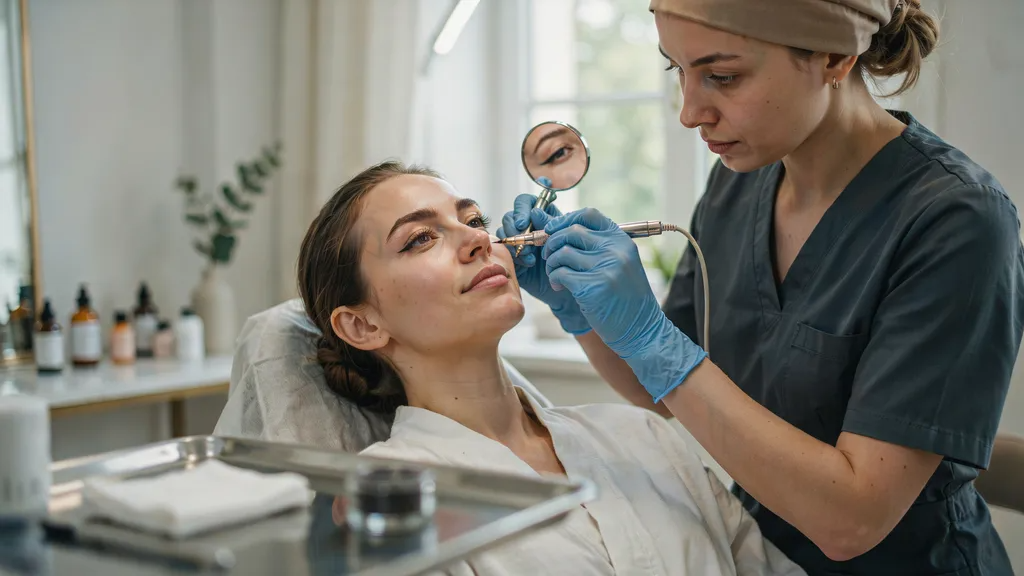 Woman receiving permanent eyeliner treatment in a professional beauty studio.