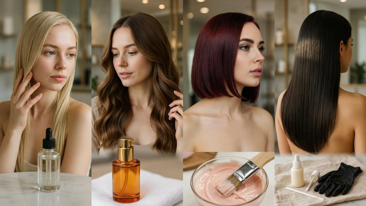 A beauty collage displaying different types of hair gloss treatments, products, and glossy hair results.