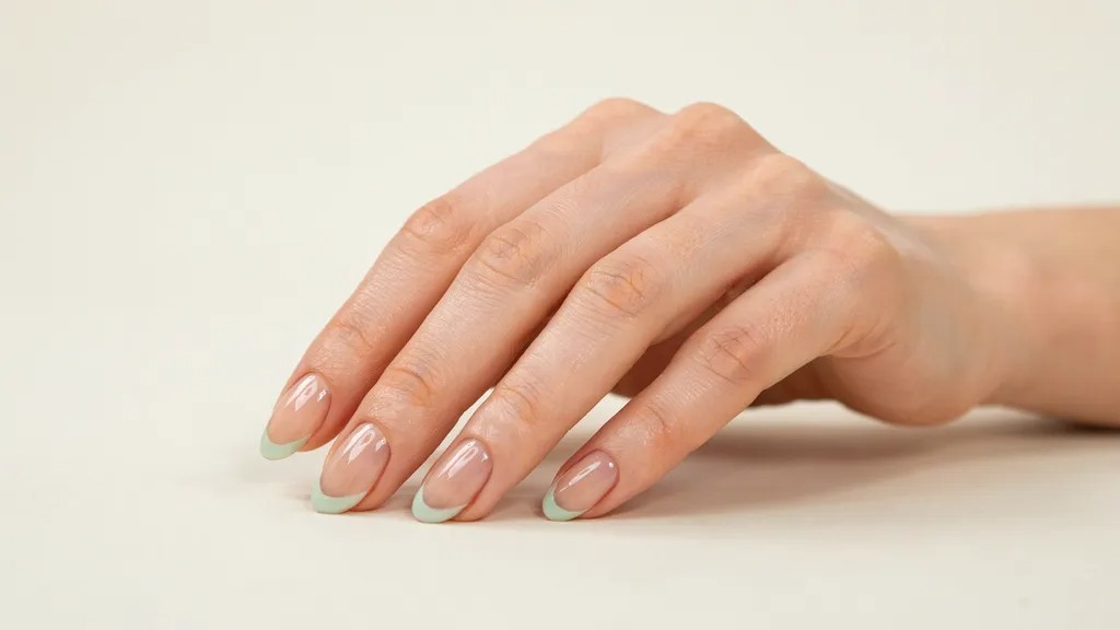 Almond nails with elegant light green French tips.