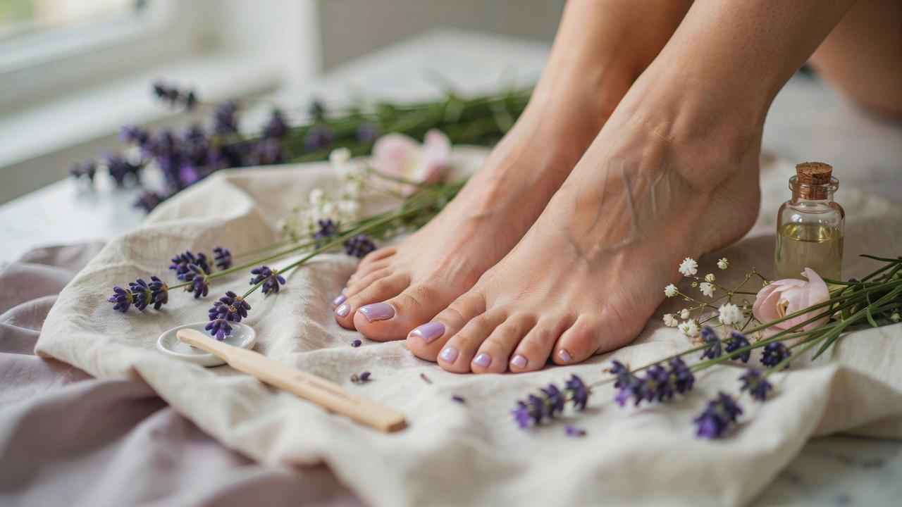 Elegant feet showcasing a glossy lavender pedicure surrounded by fresh lavender in a luxurious spa-inspired setting.
