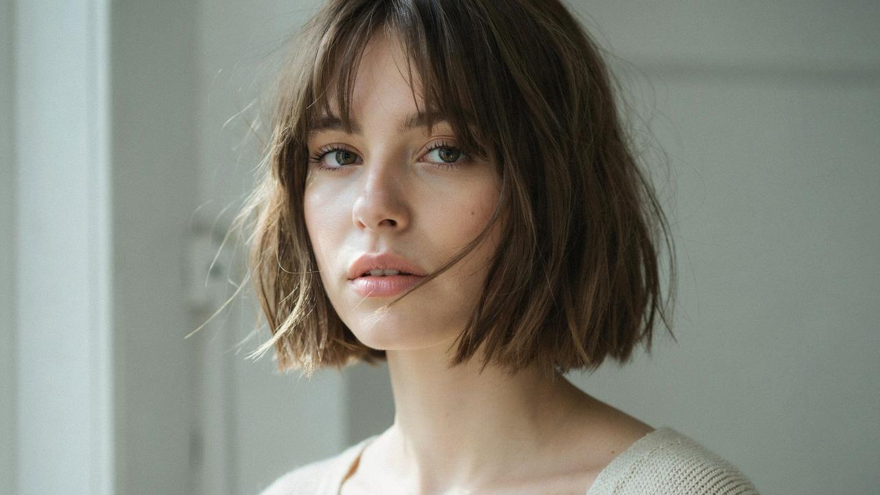 Razor-cut shaggy bob with feathered ends.