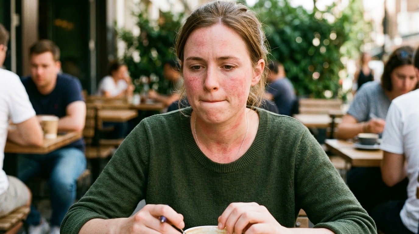 A woman sitting at a table, calmly enjoying a bowl of soup, reflecting a moment of comfort amidst stress and anxiety.