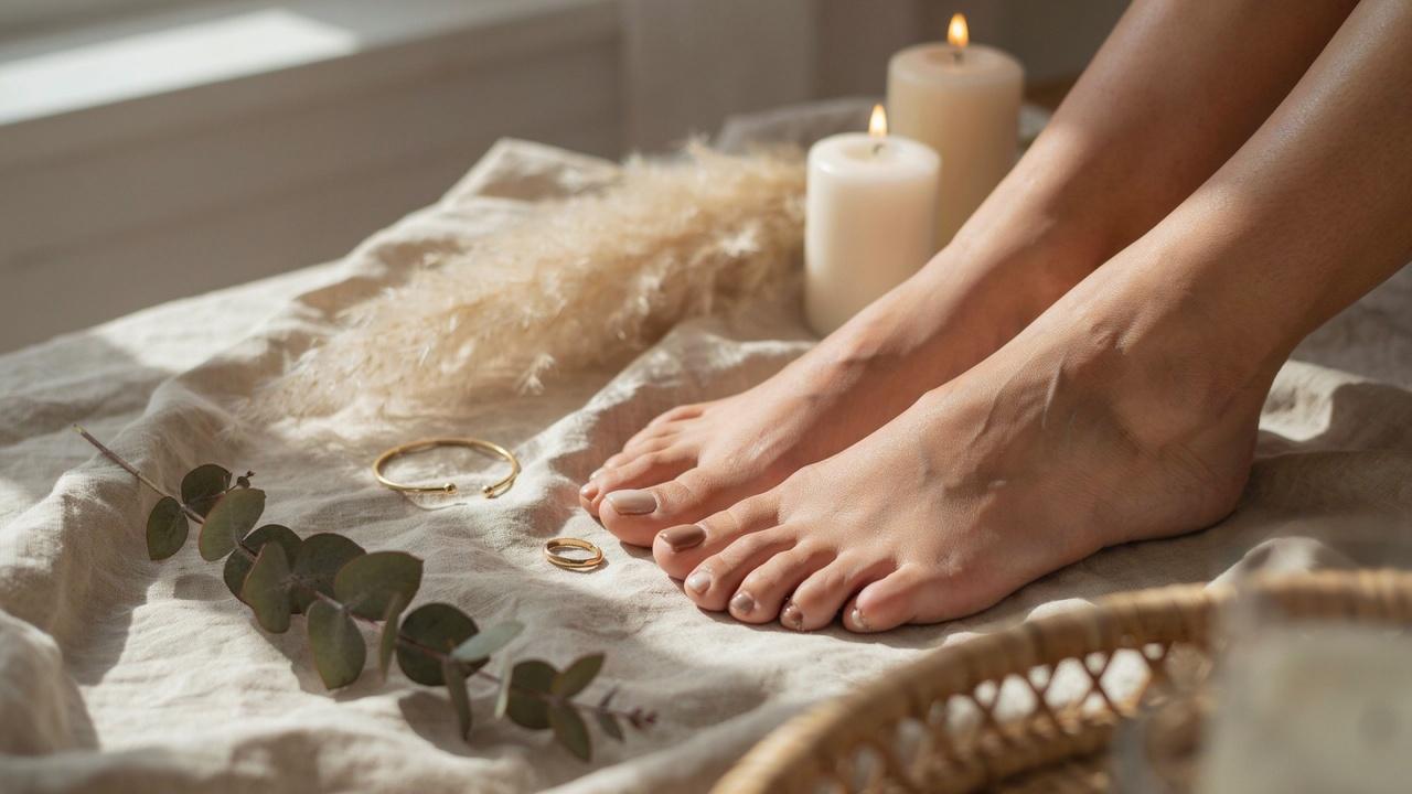 Elegant feet showcasing a glossy beige and taupe pedicure in a sophisticated spa-inspired setting.