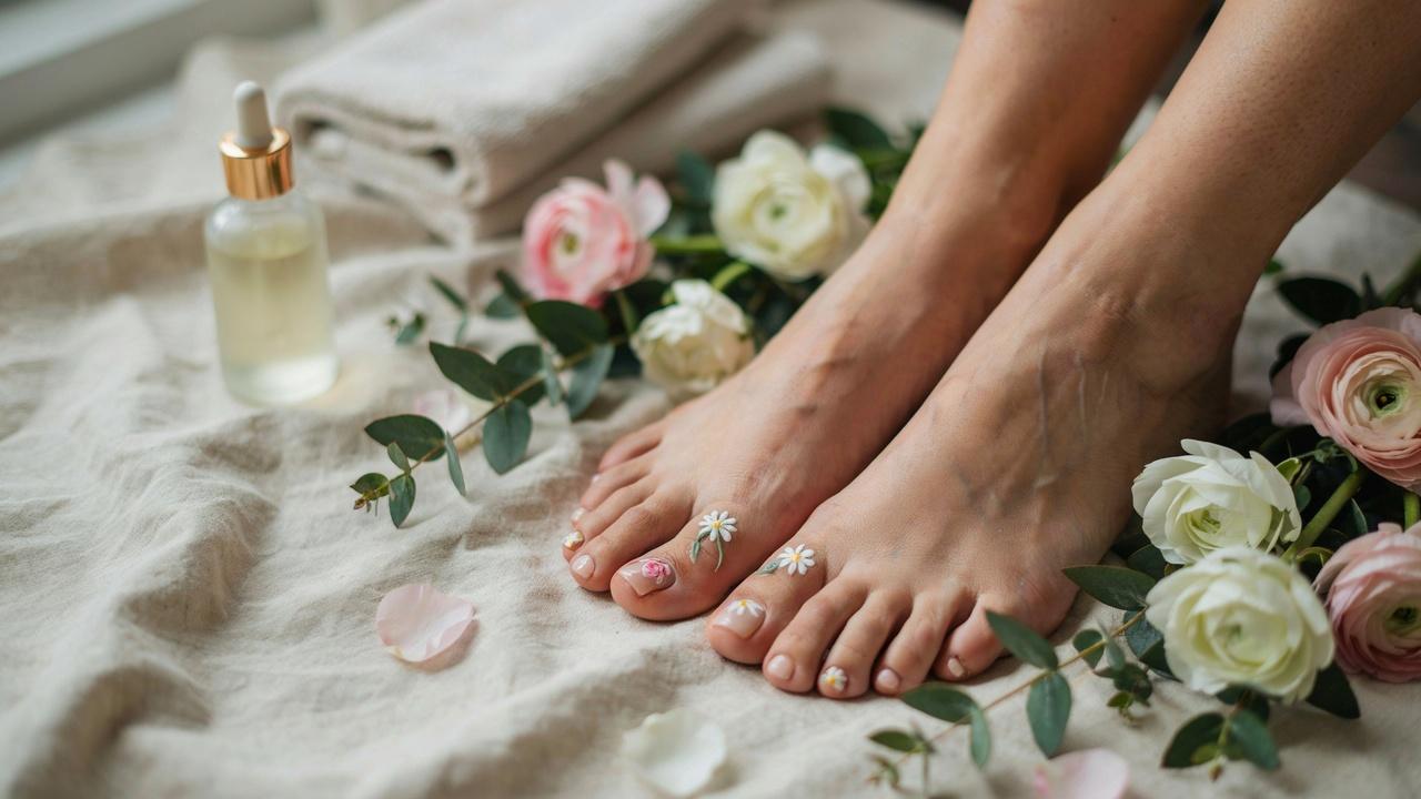 Elegant feet showcasing a delicate floral nail art pedicure with soft, intricate designs in a luxurious spa setting.