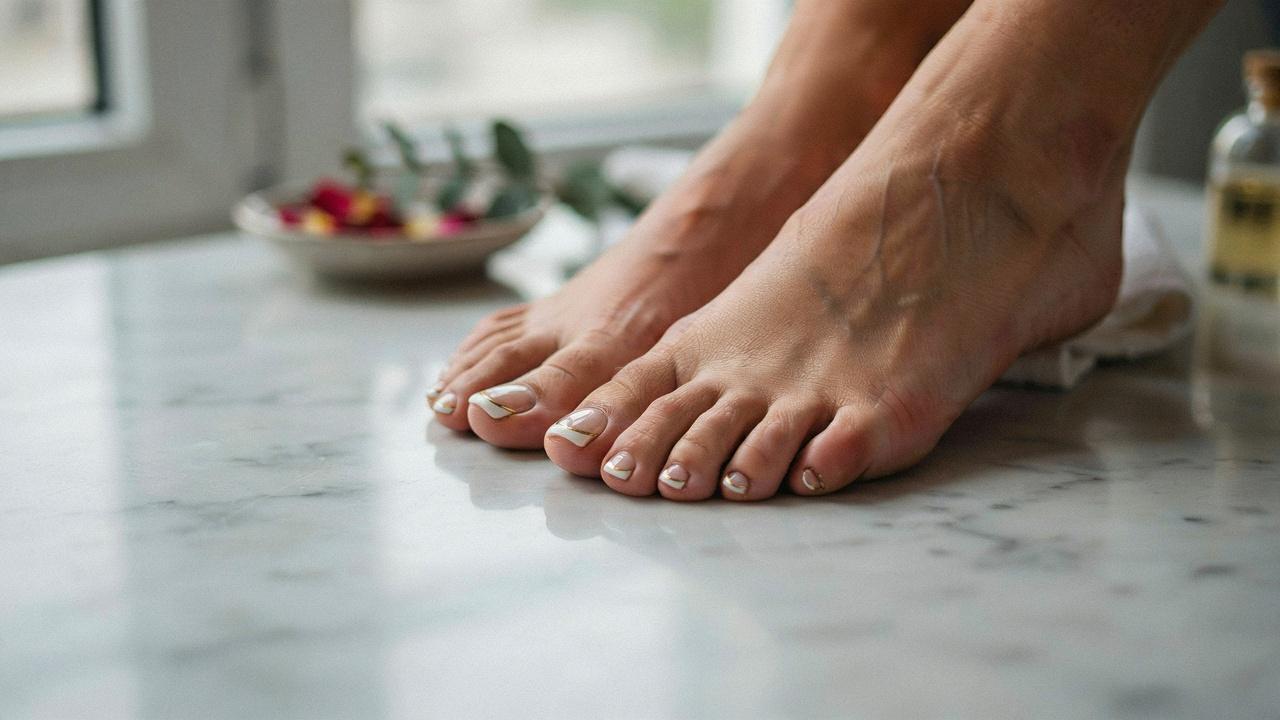 realistic double French pedicure with gold accent line in refined style