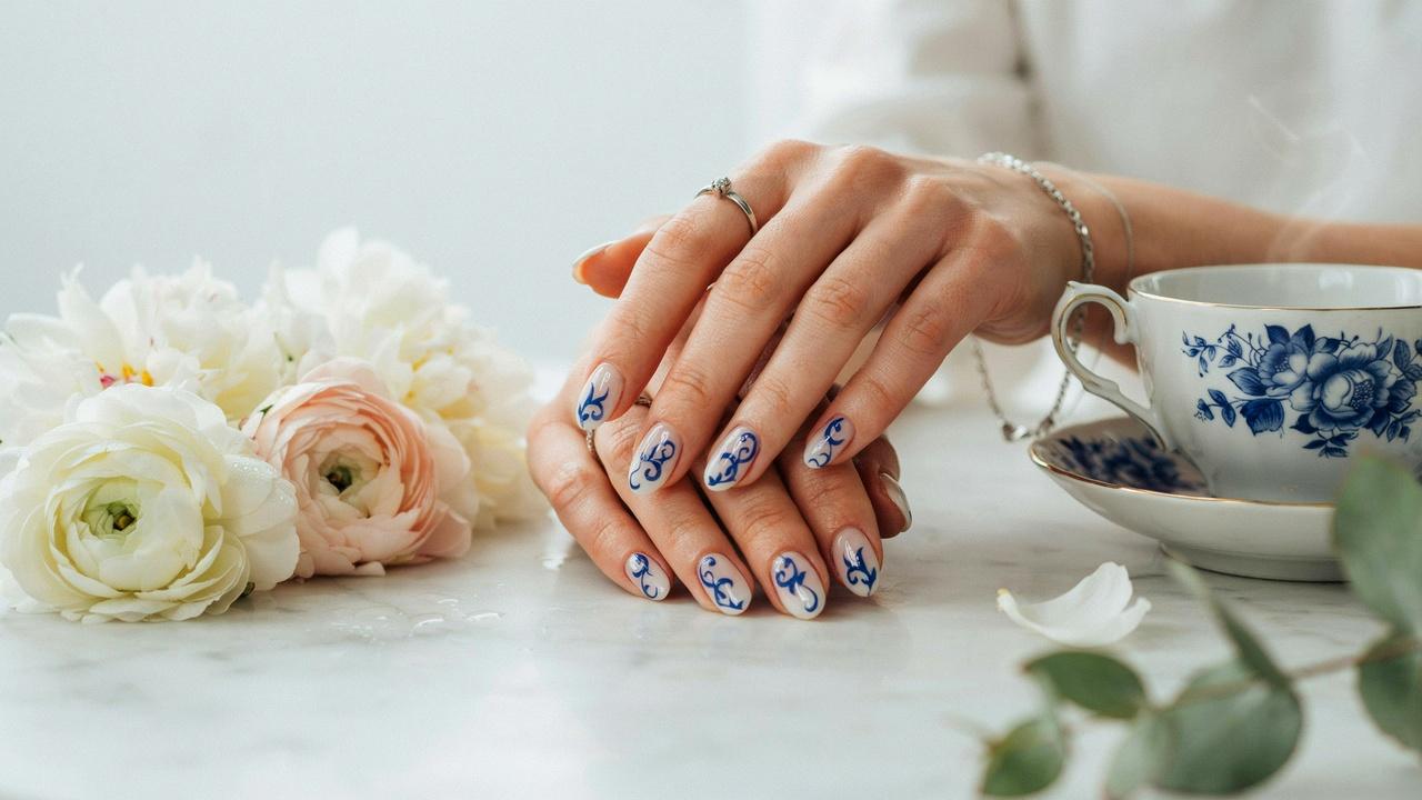 classy blue and white porcelain-influenced nails featuring intricate floral patterns on a glossy white base.