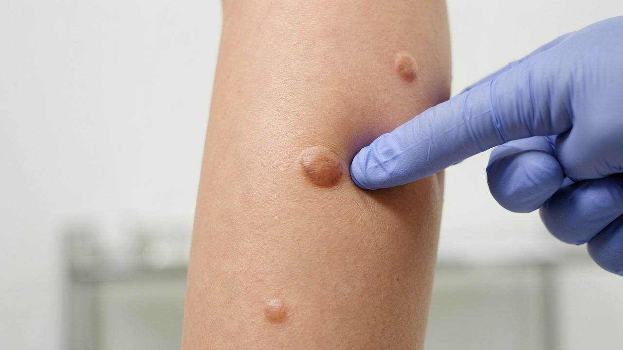Close-up of a firm dermatofibroma on the lower leg with subtle central dimpling during a skin examination.