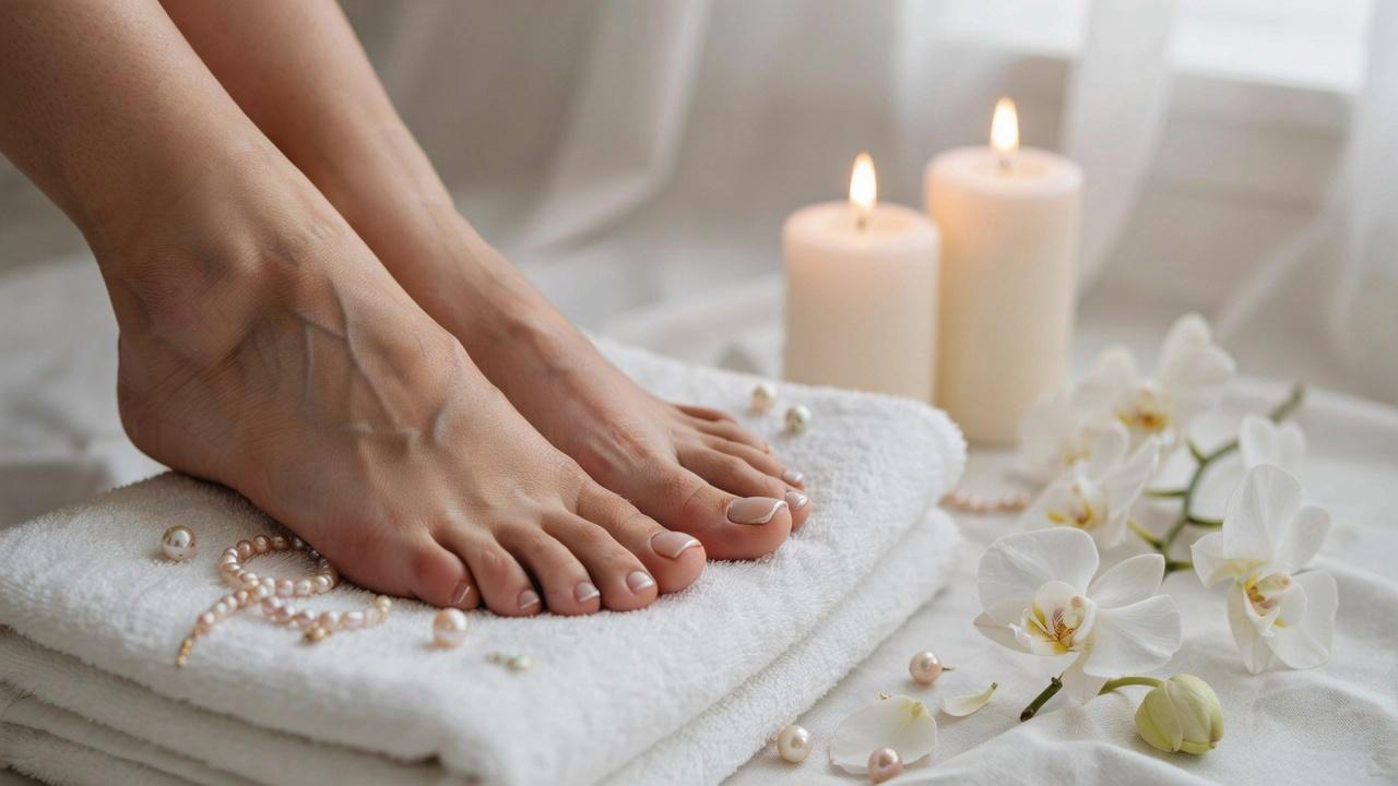Close-up of beautifully groomed feet with a glossy milky white pedicure in an elegant spa-inspired setting.
