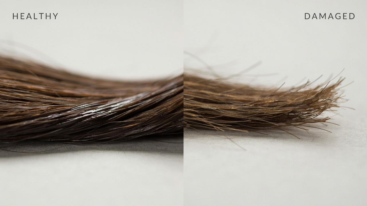 Comparison of healthy hair and heat-damaged hair showing dryness, frizz, and split ends.