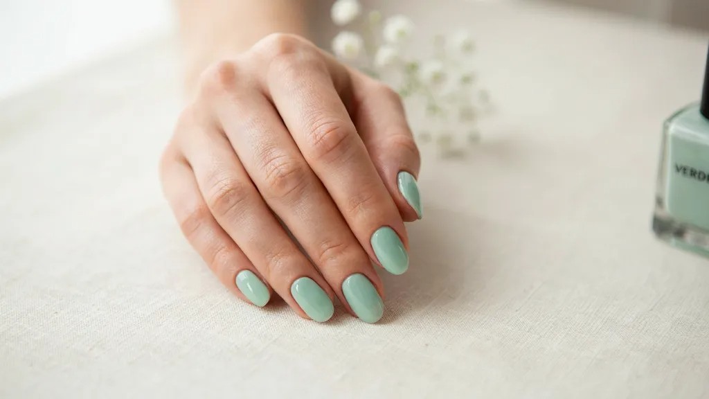 Glossy mint green almond-shaped manicure with a fresh minimalist look.