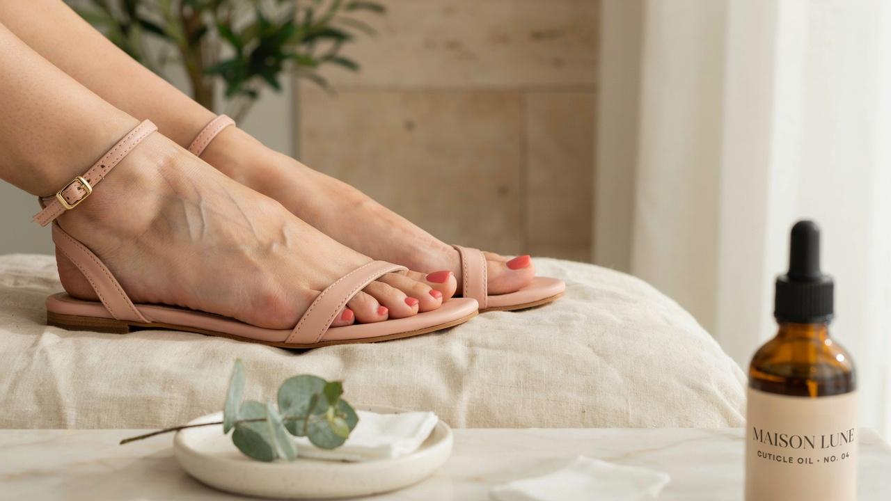 Freshly pedicured feet with glossy toenails showing a long-lasting salon-quality finish.