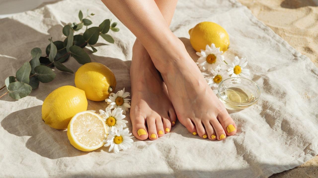 Elegant feet showcasing a glossy butter yellow summer pedicure in a bright, spa-inspired setting.
