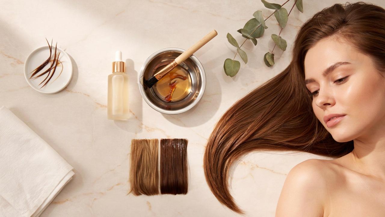 A beauty collage featuring glossy hair, hair gloss products, and salon tools that illustrate everything about hair gloss treatment.