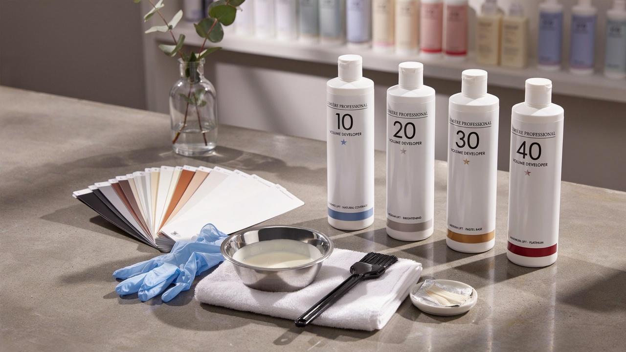 Different developer strengths from 10 to 40 volumes used for hair bleaching.
