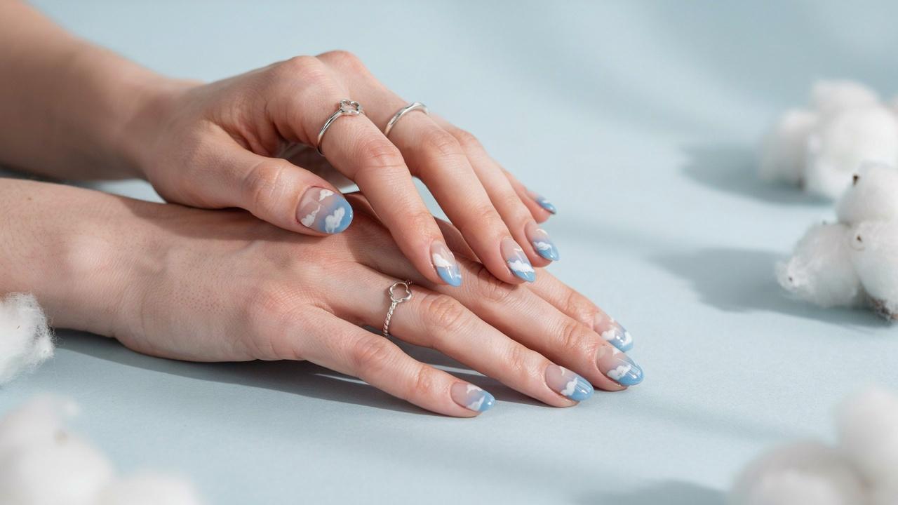 Dreamy baby blue nails featuring fluffy white cloud designs and a soft sky-influenced manicure.