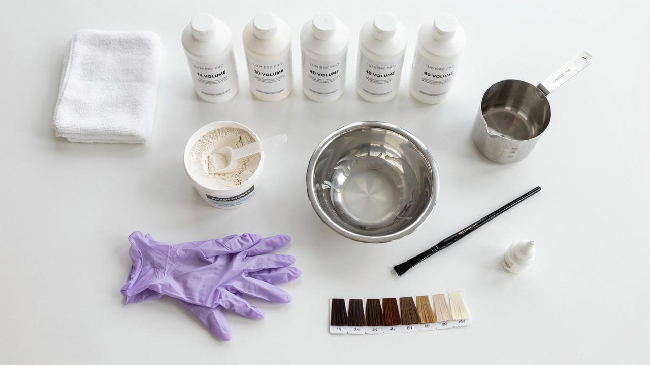 Hair developer and bleach products with salon tools for safe hair lightening.