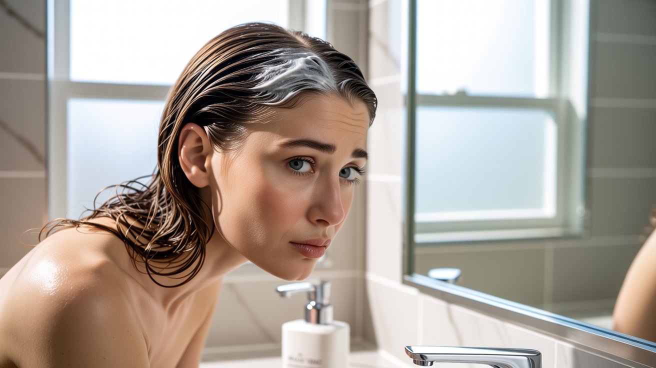 Woman examining greasy hair roots in a bathroom mirror.